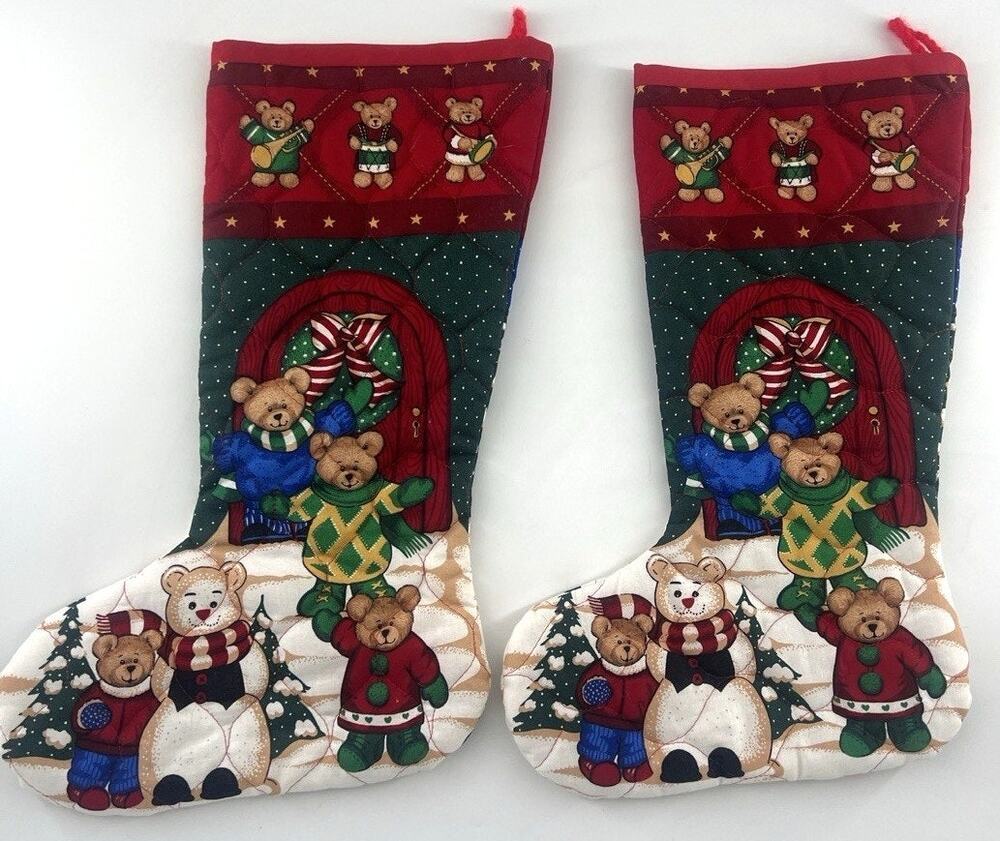 Cranston Vtg Christmas Friends Stockings Cut Sew Brown Bears Cotton Holiday USA